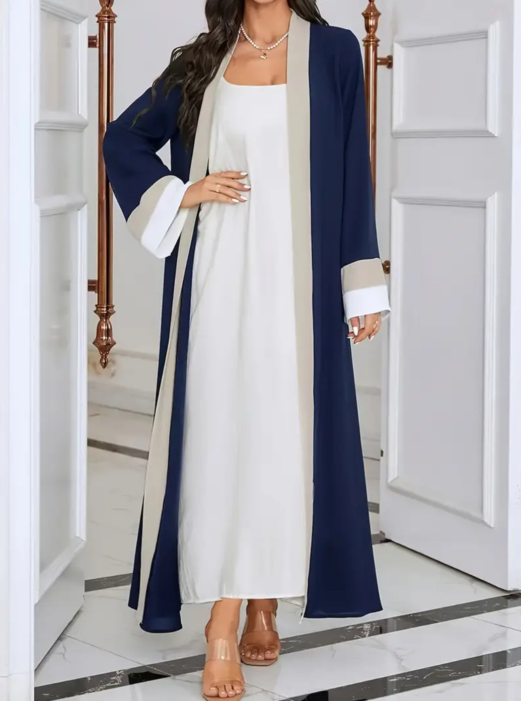 Maryam’s Essential Luxury Elegant Contrast Trim Maxi Length, Long Sleeves Asymmetric Kaftan Abaya