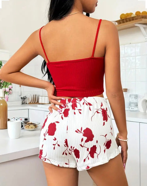 Maryam’s Essential Floral Print Ribbed Slim Fit Round Neck Crop Cami Top & Elastic Shorts Sleepwear