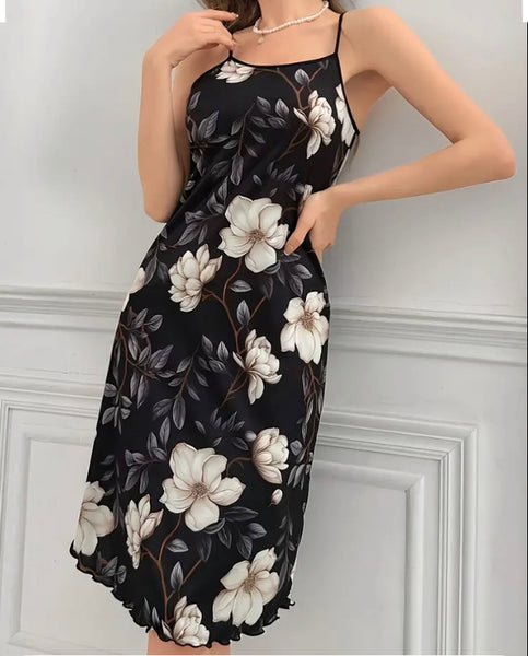 Maryam’s Essential Floral Print Lettuce Trim Round Neck Knee Length Slip Nightdress