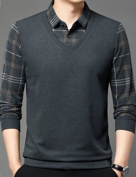 Maryam’s Essential Men V-Neck Button Long Sleeves Casual Regular Fit Striped Plaid Knitted Cotton Shirt