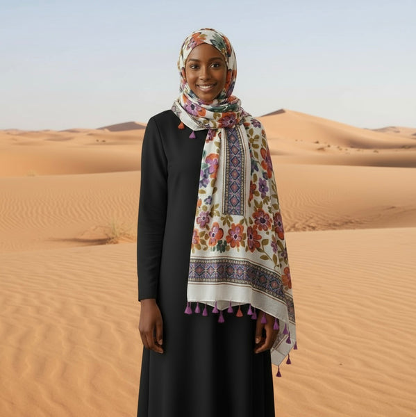 Maryam's Essential Flower Printed Cotton Viscose Tassels Hijab