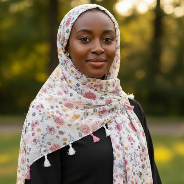 Maryam's Essential Flower Printed Cotton Polyester Tassels Hijab