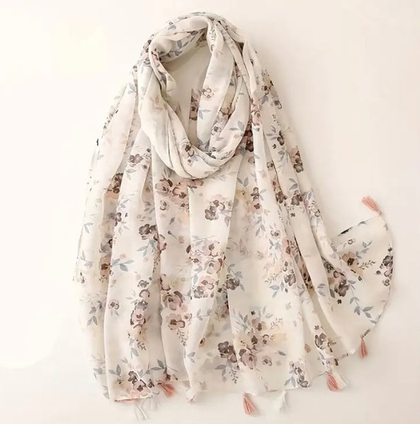 Maryam's Essential Flower Printed Polyester Tassels Hijab