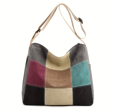 Maryam’s Essential Vintage Large Capacity Patchwork Canvas Retro Colour block Bag