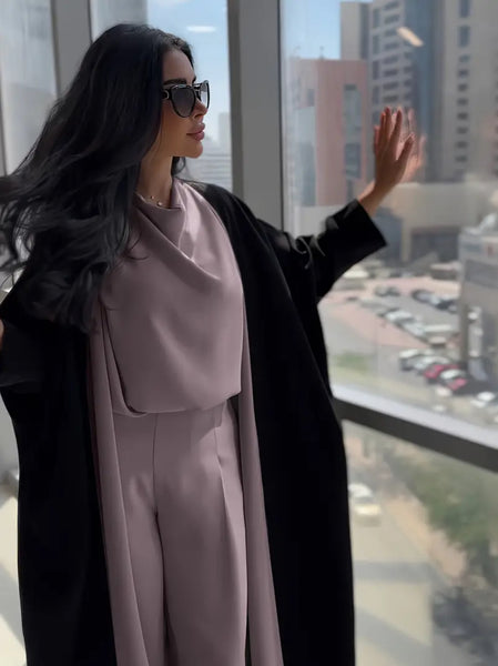 Maryam’s Essential Luxury Arab Muslim Three Pieces Abaya, Sleeveless Top, Crop Pants Set