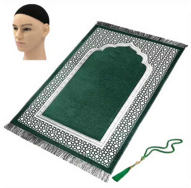 Maryam’s Essential Muslim Prayer Mat, Kufi Hat & Prayer Beads Set