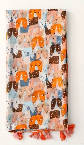 Maryam's Essential Cute Cat Print Cotton Viscose Tassels Hijab