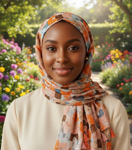 Maryam's Essential Cute Cat Print Cotton Viscose Tassels Hijab