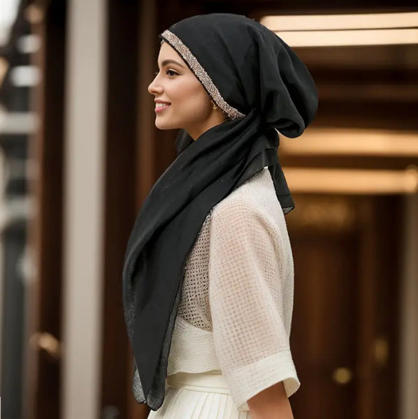 Maryam’s Essential Diamanté Mature Elegant Vintage Plain Pre-Tied Elastic Band Hijab