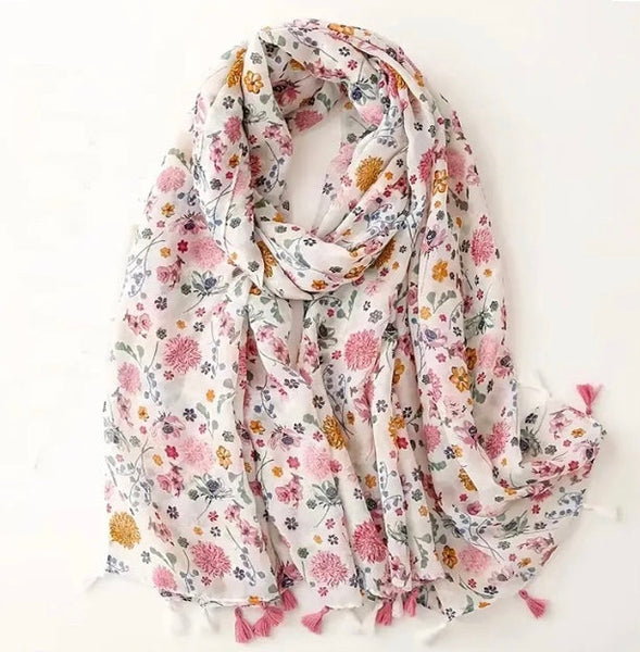 Maryam's Essential Flower Printed Cotton Polyester Tassels Hijab