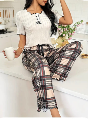 Maryam’s Essential Plaid & Checked Ribbed Round Neck Short Sleeves Top Elastic Trouser Sleepwear Set