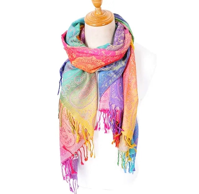 Maryam’s Essential Luxury Mature Versatile Reversible Warm Paisley Fringe Cashmere Scarf