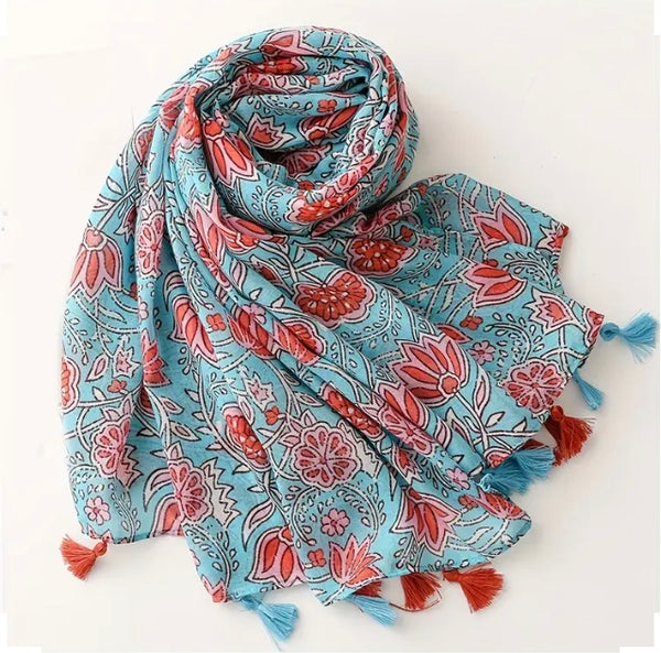 Maryam's Essential Floral Printed Cotton Viscose Tassels Hijab