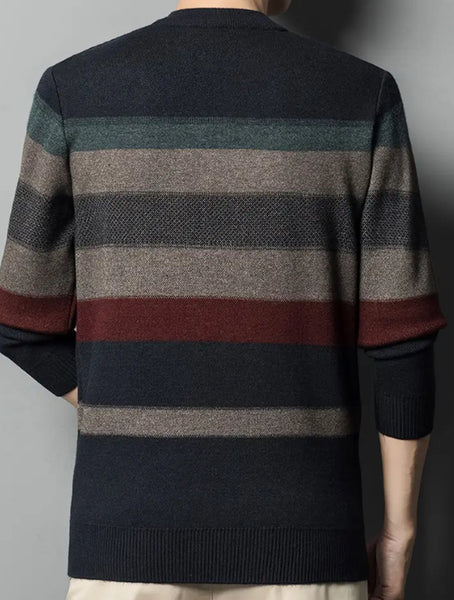 Maryam’s Essential Men Casual Striped Round Neck Pullover Long Sleeves Stretchy Knit Sweater