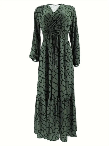 Maryam’s Essential Vintage Print V-Neck Long Cuffed Sleeves Hem Dress