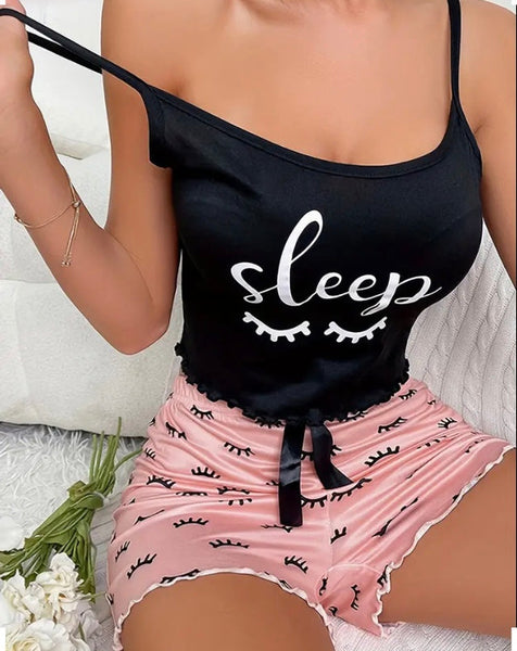 Maryam’s Essential Eyelash and Letter Print Lettuce Trim Round Neck Cami Top and Short Sleepwear Set