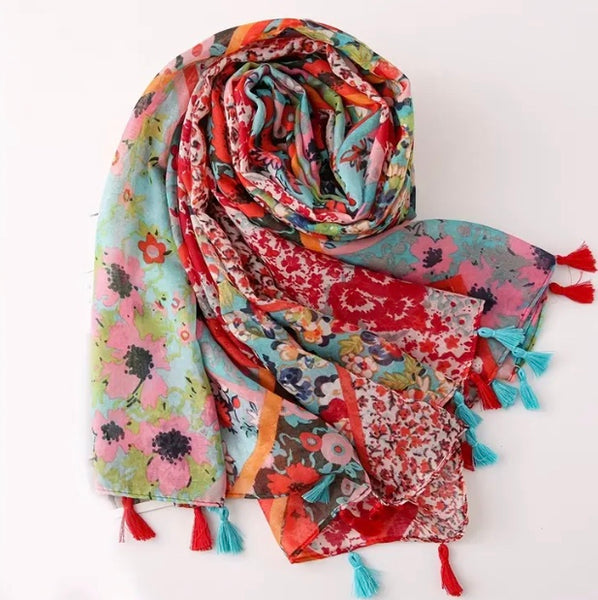 Maryam's Essential Floral Printed Cotton Viscose Tassels Hijab