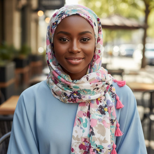 Maryam's Essential Floral Printed Cotton Viscose Tassels Hijab