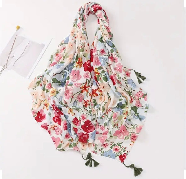 Maryam's Essential Floral Printed Cotton Viscose Tassels Hijab