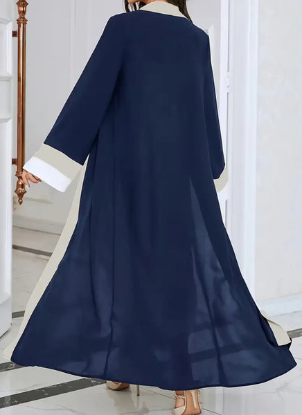 Maryam’s Essential Luxury Elegant Contrast Trim Maxi Length, Long Sleeves Asymmetric Kaftan Abaya
