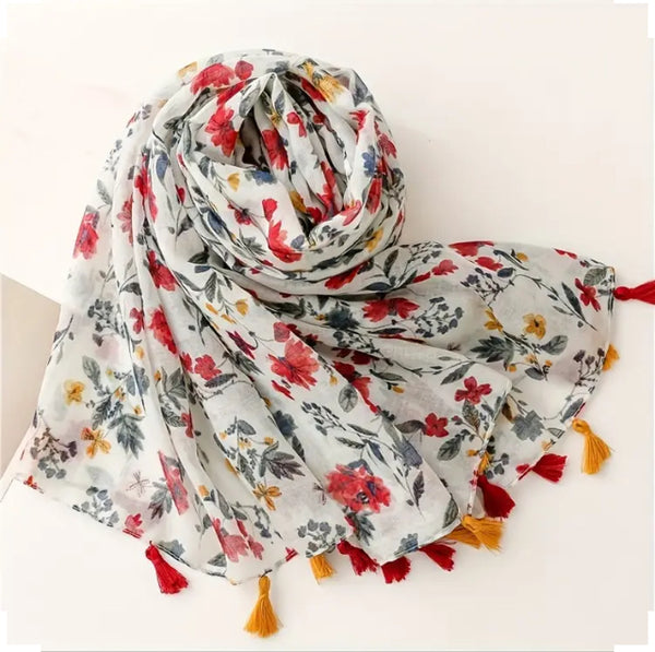 Maryam's Essential Flower Printed Cotton Viscose Tassels Hijab
