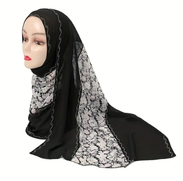 Maryam’s Essential Diamanté Lightweight Print Colourblock Polyester Shawl/Hijab