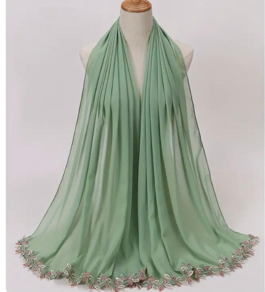 Maryam’s Essential Luxury Leaf Embroidery Edge Chiffon Hijabs/Scarves
