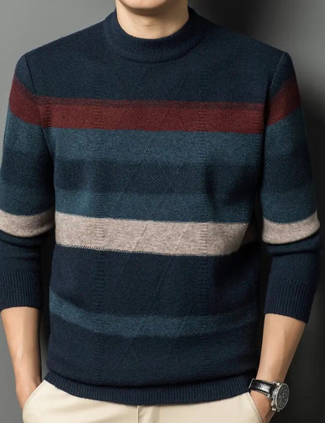 Maryam’s Essential Men Casual Striped Round Neck Pullover Long Sleeves Stretchy Knit Sweater