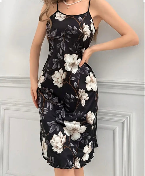 Maryam’s Essential Floral Print Lettuce Trim Round Neck Knee Length Slip Nightdress