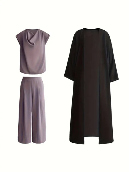 Maryam’s Essential Luxury Arab Muslim Three Pieces Abaya, Sleeveless Top, Crop Pants Set