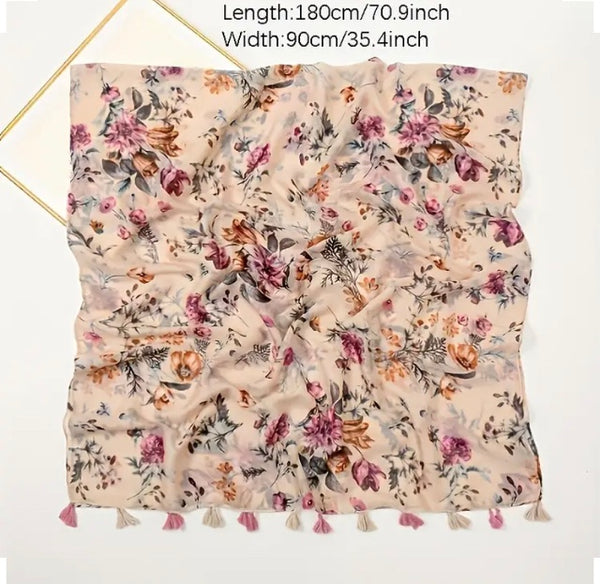 Maryam's Essential Flower Printed Polyester Tassels Hijab