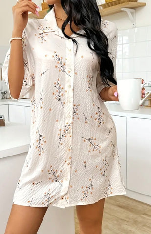 Maryam’s Essential Luxury Flower Print Half Sleeve Buttons Night Shirt