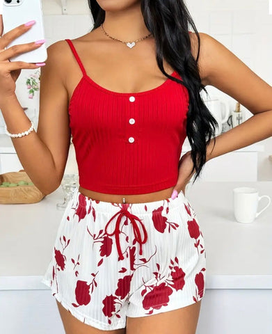 Maryam’s Essential Floral Print Ribbed Slim Fit Round Neck Crop Cami Top & Elastic Shorts Sleepwear