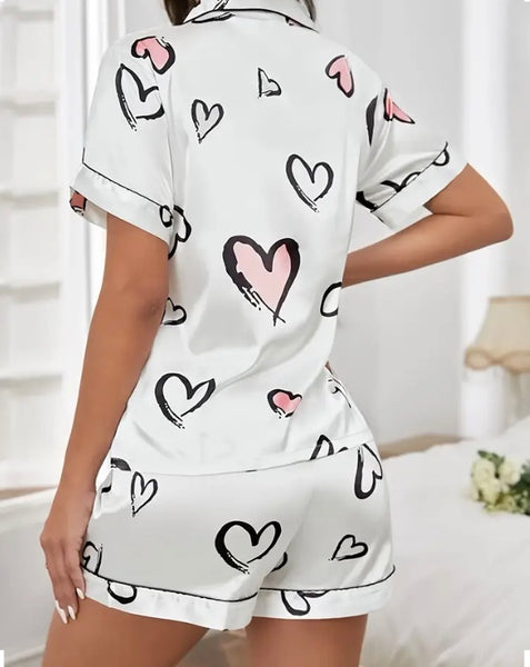 Maryam’s Essential Casual Heart Print Satin Short Sleeve Collar Top & Elastic Short Lounge Set