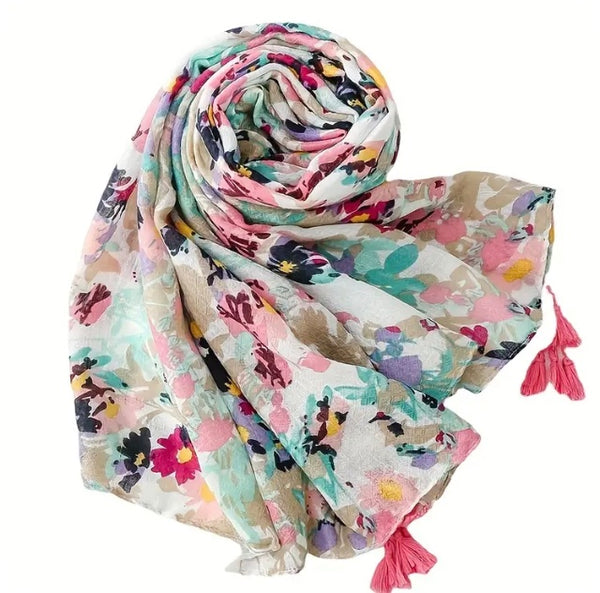 Maryam's Essential Floral Printed Cotton Viscose Tassels Hijab
