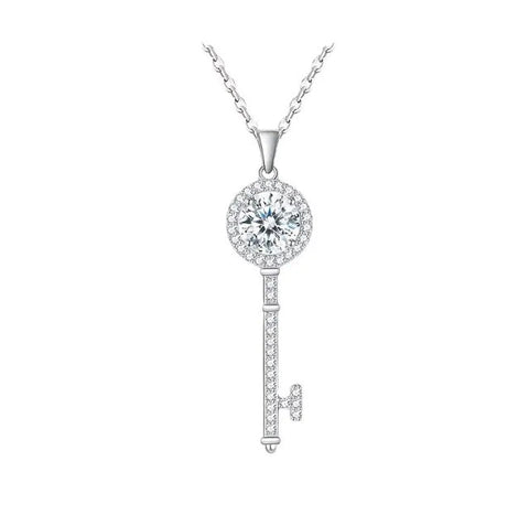 Maryam’s Essential Diamond Style 1 Carat Moissanite 925 Sterling Silver Key Pendant Clavicle Chain Necklace with Certificate