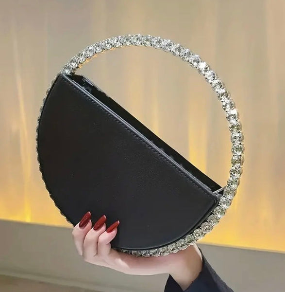 Maryam’s Essential Luxury Round Diamantés Faux Leather Clutch Purse