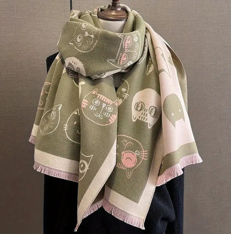 Maryam’s Essential Luxury Cute Cat Print Cashmere Shawl Wrap Scarf