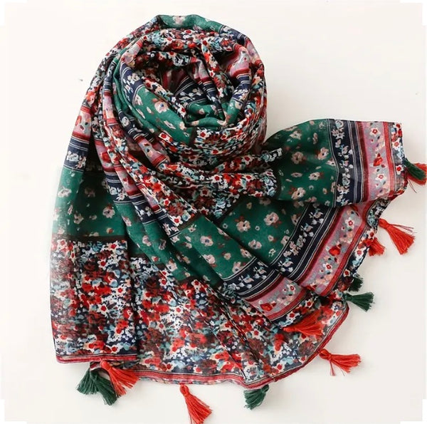 Maryam's Essential Floral Printed Cotton Viscose Tassels Hijab