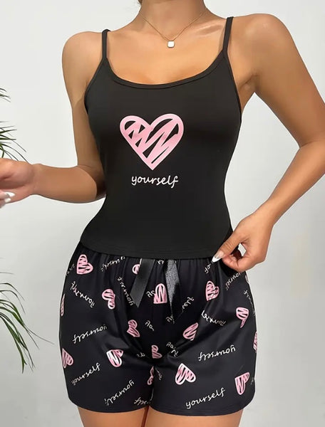 Maryam’s Essential Heart Yourself Print Lettuce Trim Round Neck Cami Top and Short Sleepwear Set