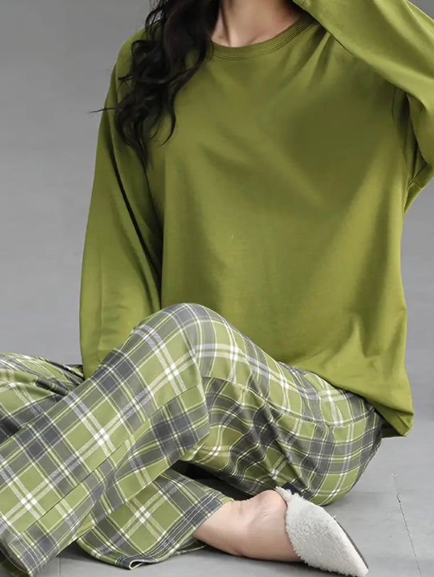 Maryam’s Essential Plaid Print Crew Neck Long Sleeve Sleepwear Set