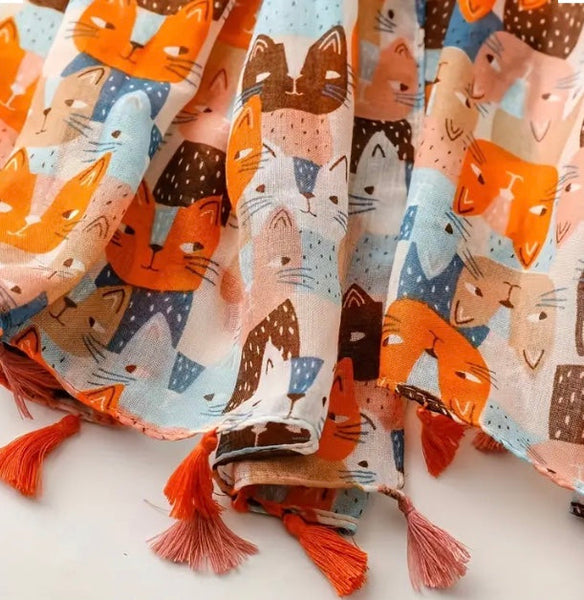 Maryam's Essential Cute Cat Print Cotton Viscose Tassels Hijab