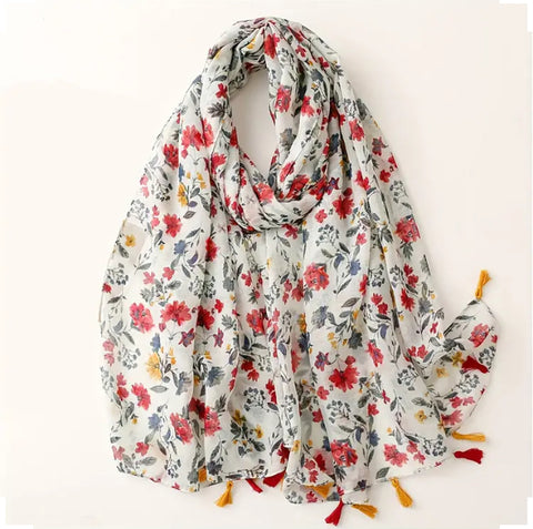 Maryam's Essential Flower Printed Cotton Viscose Tassels Hijab