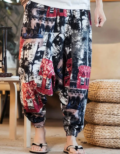Maryam’s Essential Men’s Ethnic Vintage Pattern Stitching Print Harem Baggy Trouser