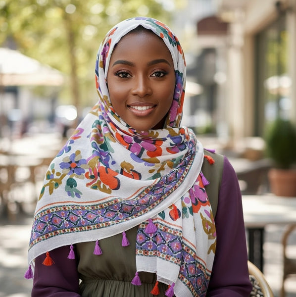 Maryam's Essential Flower Printed Cotton Viscose Tassels Hijab