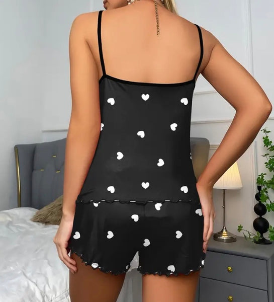 Maryam’s Essential Heart Print Lettuce Trim Round Neck Cami Top & Short Set