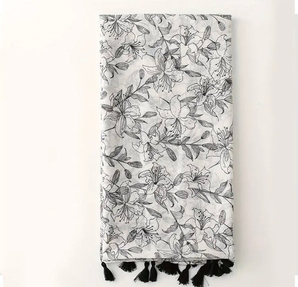 Maryam's Essential Plant Printed Cotton Viscose Tassels Hijab