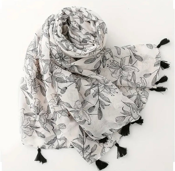 Maryam's Essential Plant Printed Cotton Viscose Tassels Hijab