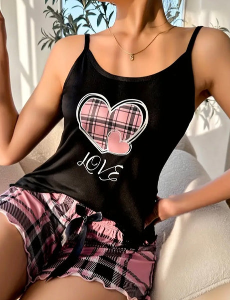 Maryam’s Essential Plaid and Love Print Lettuce Frill Trim Round Neck Cami Top and Short Sleepwear Set