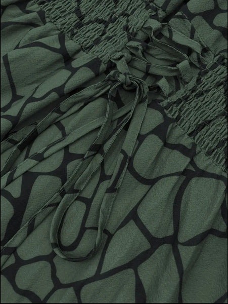 Maryam’s Essential Vintage Print V-Neck Long Cuffed Sleeves Hem Dress